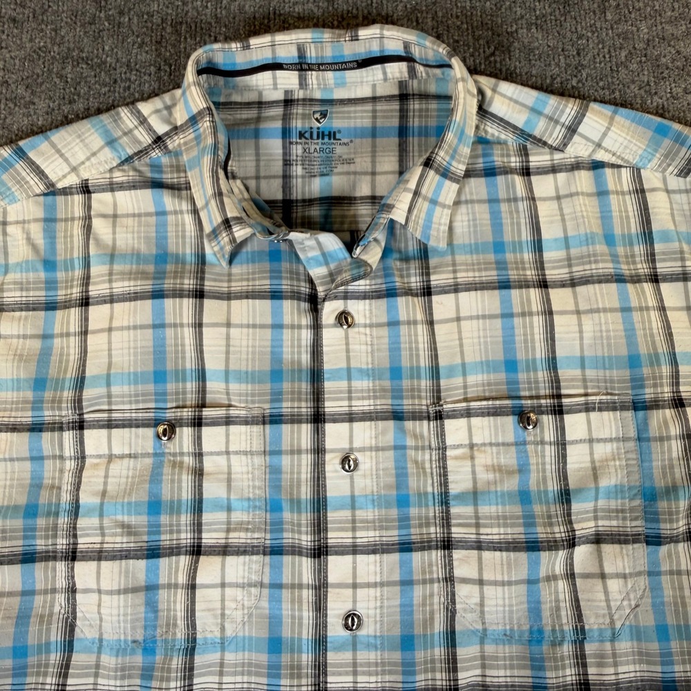 KUHL Mens XL Short Sleeve Plaid Snap Front Hiking Shirt Blue Grey 17S #4060